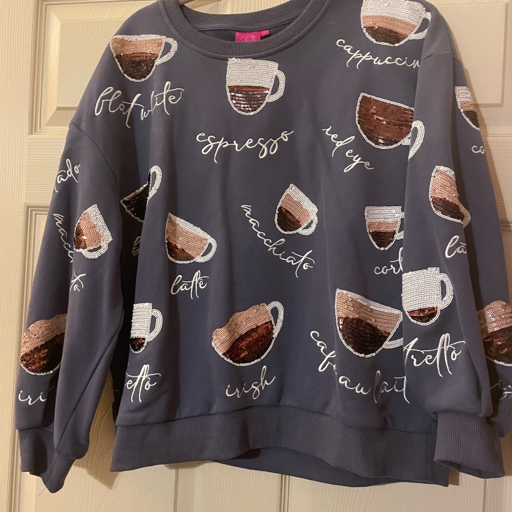 QUEEN OF SPARKLES Coffee Cup Embellished Sweater - Dark Gray XS worn once